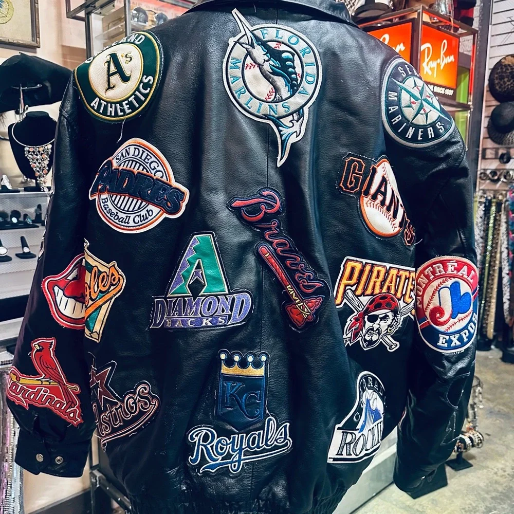 JH Design Vintage MLB Baseball Team All Over Patch Black Leather Jacket